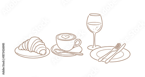 Elegant breakfast scene with croissant, coffee, and wine in linear style