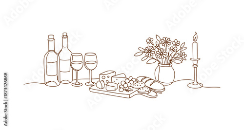 Elegant wine and cheese setting with floral centerpiece in minimalist line art