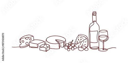 One line art of wine and cheese arrangement with grapes and bottle outline