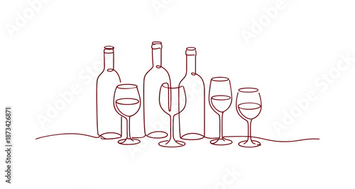 One line art of wine bottles and glasses in minimalist style