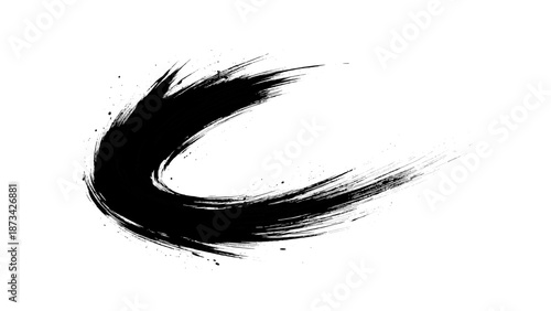 Dynamic black brushstroke: artistic swirl with splatter effect on white background