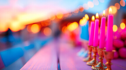 Colorful hanukkah candles glow warmly in elegant candlesticks on wooden