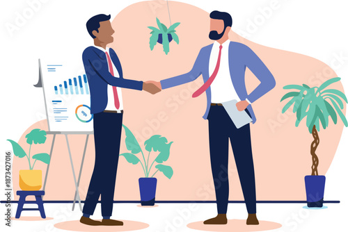 Two businessmen shaking hands to seal a deal, partnership, teamwork or a successful meeting, flat design vector illustration