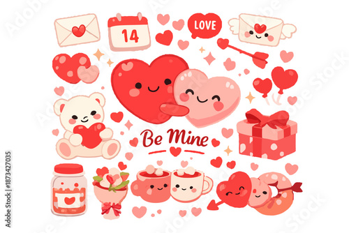 Cute Valentine’s Day vector illustration, adorable hearts and love elements, soft red 