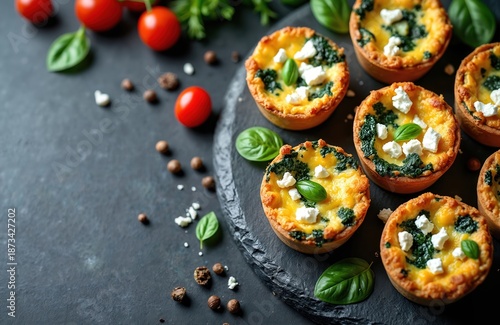Mini quiches with spinach and feta cheese are baked golden brown on a dark slate. Fresh basil leaves and cherry tomatoes garnish this delicious savory meal. © miss irine