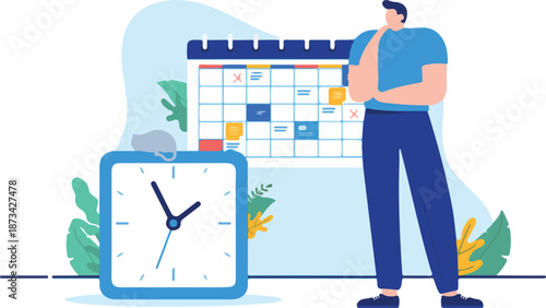 Managing time - Man standing with clock and calendar trying to get oversight of week and month plan. Flat design vector illustration