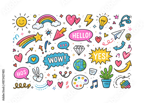 Colorful doodle set featuring speech bubbles, rainbows, and fun elements in hand drawn style