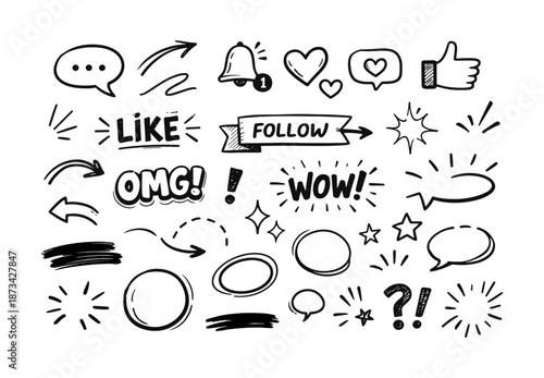 Hand drawn social media elements set with speech bubbles, icons, and emoji symbols