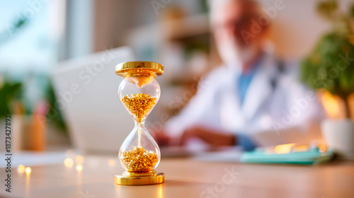 Doctor with stethoscope holds hourglass showing time passing desk