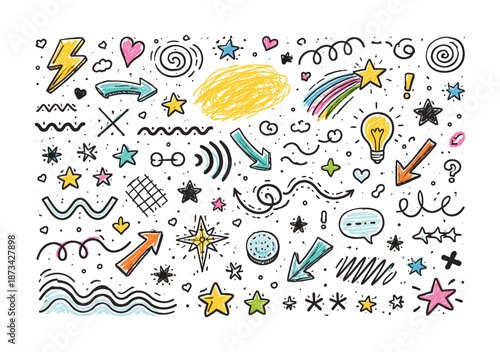 Colorful doodle set with arrows, stars, and hand-drawn elements