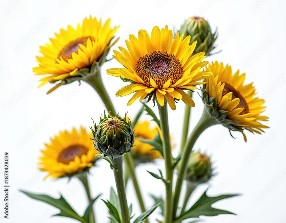 Obraz premium Close up photo shows bright yellow Jerusalem artichoke flowers with green stems and leaves. Blossoms are in full bloom or still buds. White background.