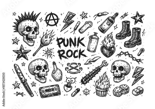 Hand drawn punk rock elements: skulls, music icons, and grunge symbols