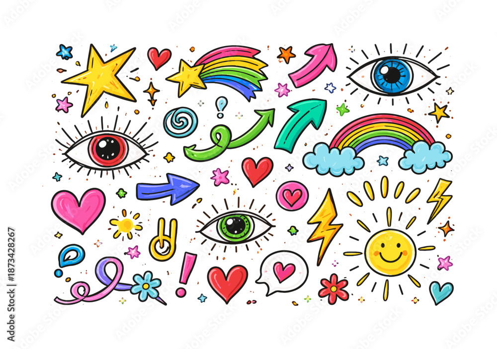 Fototapeta premium Vibrant doodle art with eyes, arrows, hearts, and stars in colorful hand-drawn style