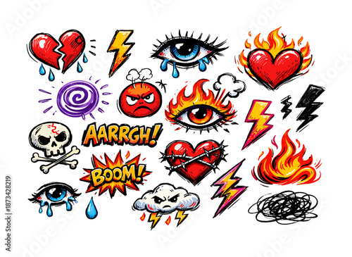 Colorful pop art style emojis collection with hearts and flames