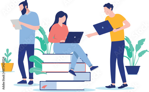 Work self development - Team of people studying doing research and gaining information on computers. Flat design vector illustration with white background