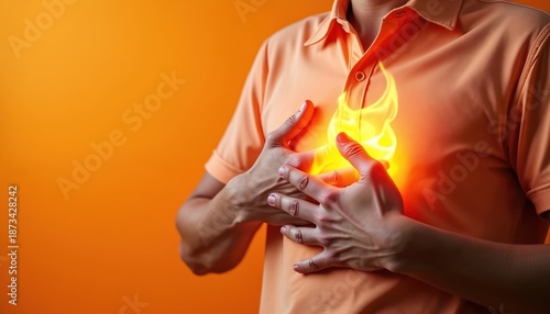 Man holds chest feels heartburn. Person experiences burning sensation. Concept for acid reflux awareness campaign. Health problem after unhealthy food. Healthcare illustration for medical article © miss irine