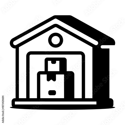 A linear icon depicting a shipping warehouse