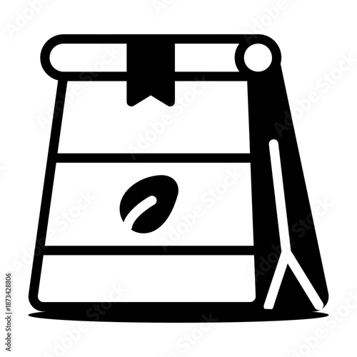 A linear style icon showing a coffee bag