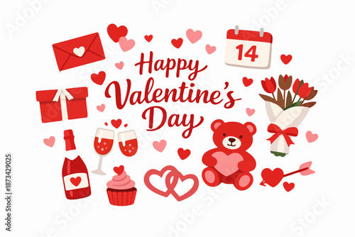 Valentine’s Day vector illustration, flat minimal style, red, and white 