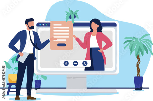 Two businesspeople conducting an online video meeting or conference call, with a man presenting documents and a woman interacting on a large computer screen. Flat design vector illustration