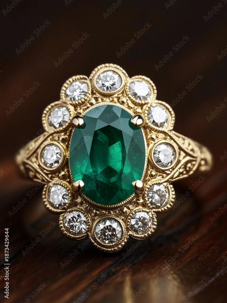 Naklejka premium Luxurious Emerald Center Ring with Diamond Surround