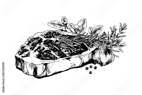 Ribeye steak with rosemary, garlic, and spices shown in detailed hand-drawn style on white background, concept of gourmet cooking ingredients