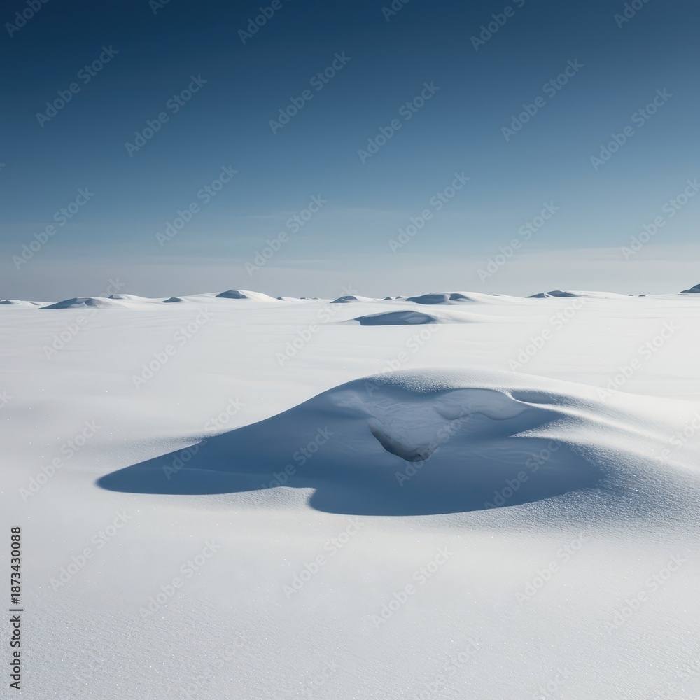 Obraz premium Vast winter landscape featuring massive, untouched snowdrifts covering the terrain. Pristine white powder creates a sense of peaceful isolation, depth, cold, accumulation