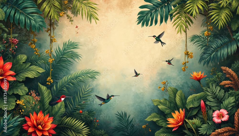 Fototapeta premium Hummingbirds fly through rich jungle foliage with vibrant flowers and hanging vines. The scene blends nature and art with a vintage feel suitable for decor.
