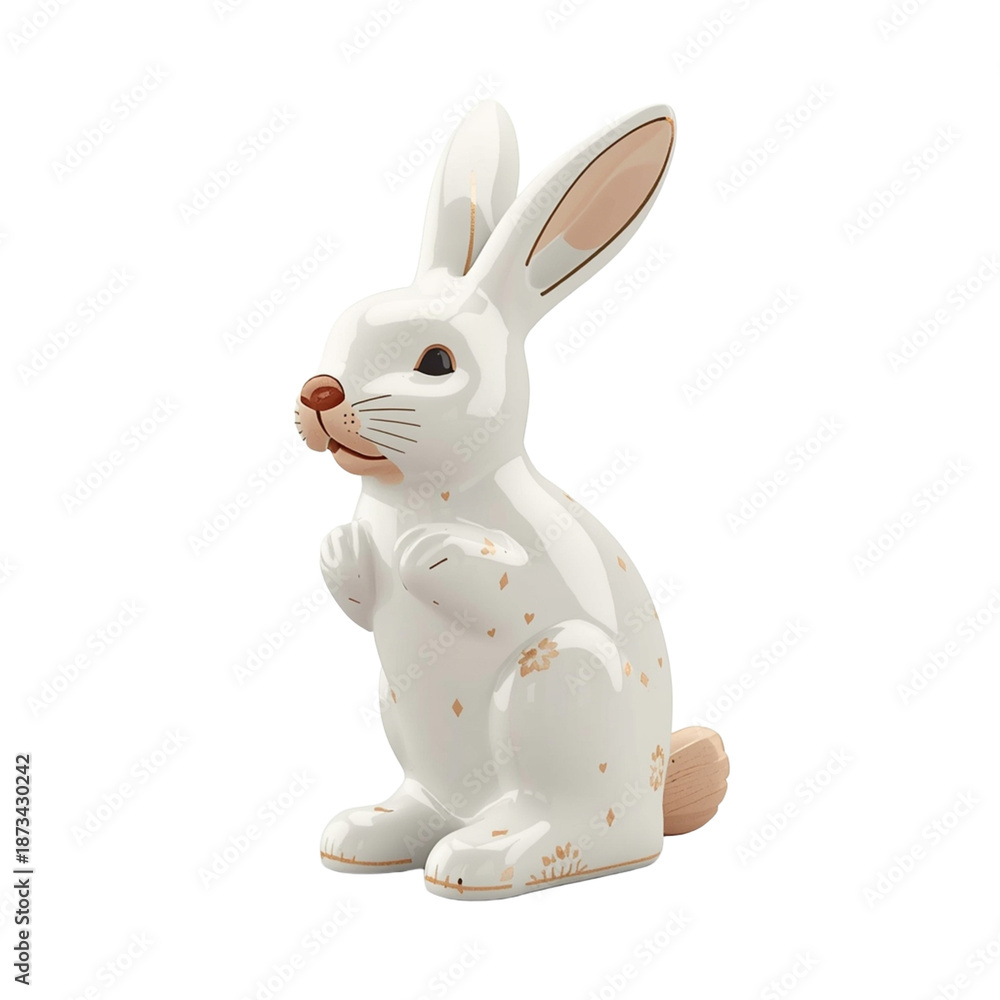 Obraz premium A white ceramic rabbit figurine with gold accents on transparent background