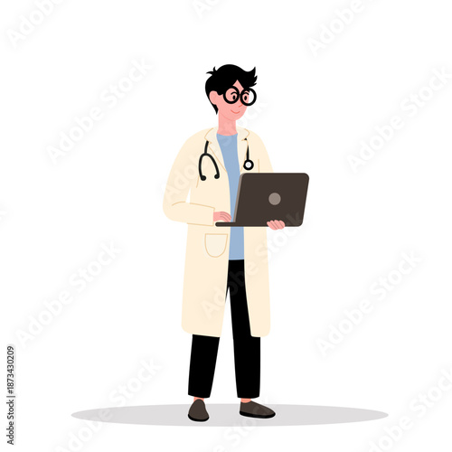 Doctor, young man in glasses and white coat, holding laptop in his hands. Man with stethoscope around her neck smiling.