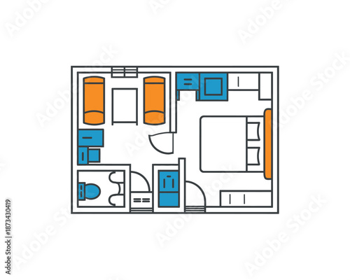 A detailed floor plan of a modern apartment with various rooms and furniture