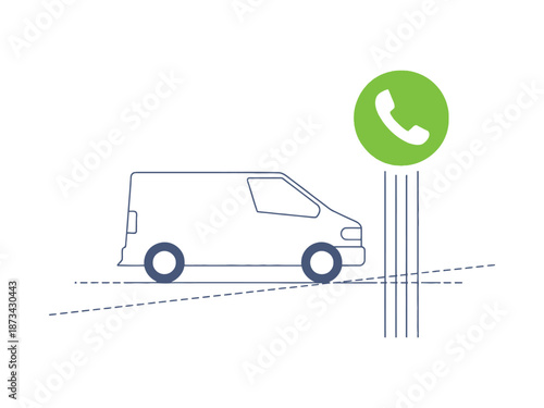 A simple line drawing of a van parked next to a road sign with a phone symbol.
