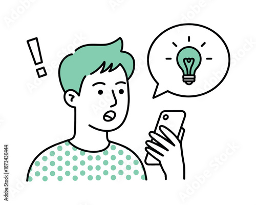 A cartoon man having an idea while looking at his mobile phone with a surprised expression