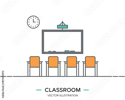 A modern classroom with a whiteboard and four orange chairs in a vector illustration