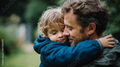 Faceless dad and little son hugging outdoors family affection parent child love nature bonding emotional connection tender moment defocused background with copy