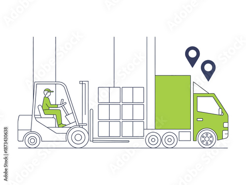 A forklift operator loading a green delivery truck with boxes in a warehouse