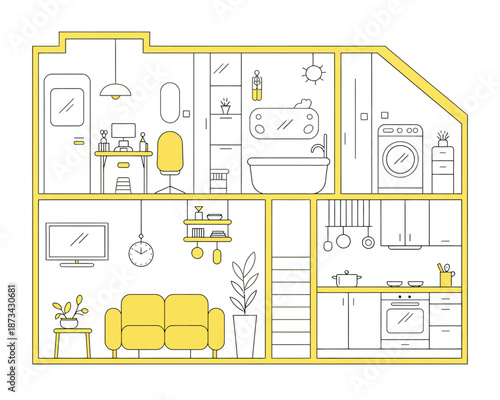 A detailed floor plan of a modern small house with a yellow outline