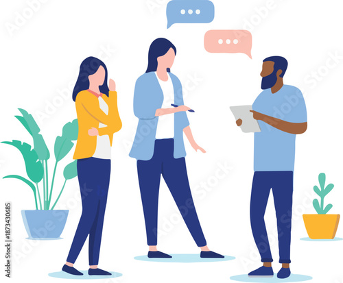 Working people talking - Man and women in office having a dialogue and discussing work. Flat design vector illustration with white background