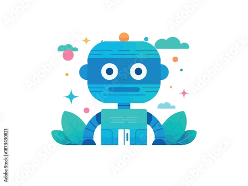 A blue robot sitting in a meditative pose surrounded by colorful clouds and stars
