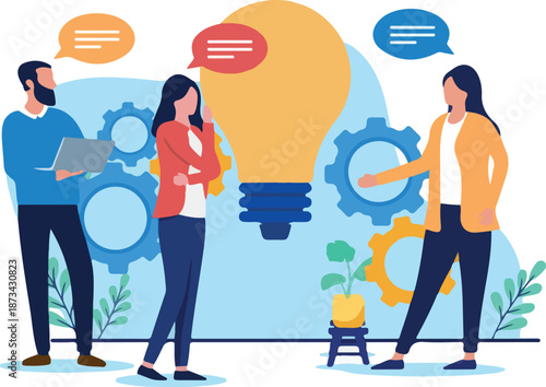 Creative business work process - Team or group of people brainstorming and working in front of light bulb and cogwheels discussing innovative solutions together. Flat design vector illustration.
