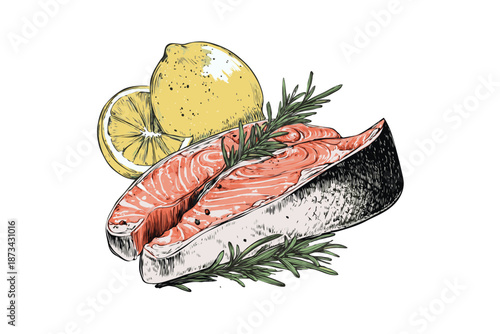 Fresh salmon steak with lemon and rosemary drawn in hand-drawn style on white background, concept of healthy seafood cuisine ingredients