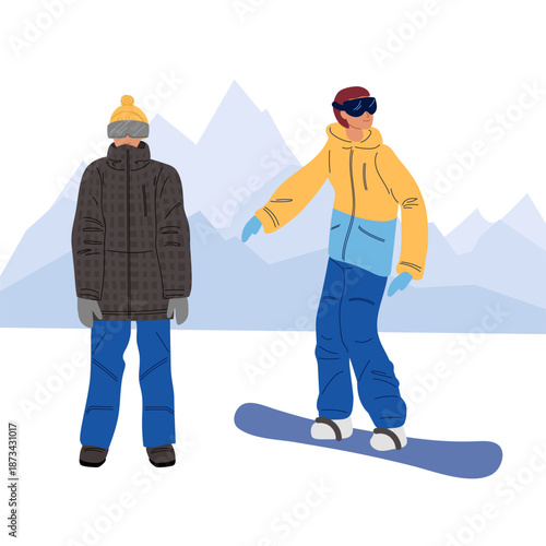 Ski slope training. Instructor coach teaches beginner snowboarder skills of snowboarding downhill
