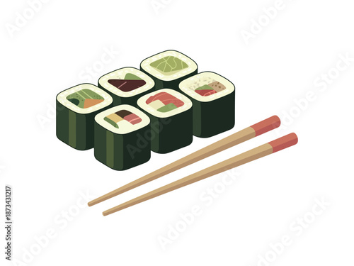 A set of sushi rolls with chopsticks on a white background