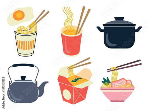 A colorful illustration of various Asian noodle dishes and cooking utensils on a white background