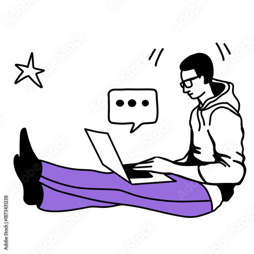Modern young man wearing glasses in purple trousers sits on floor with laptop and types. Home Work , freelancer in doddle style
