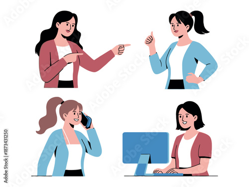 Four women in business casual attire engaged in various office activities