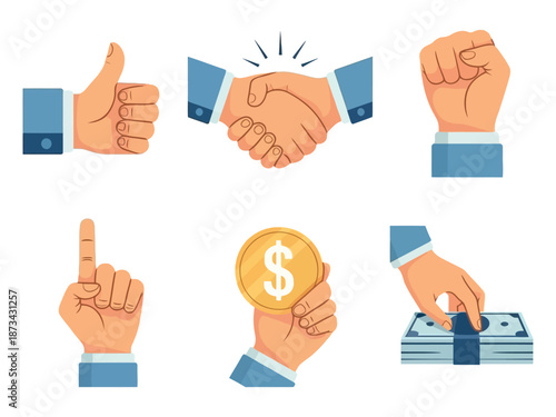 A collection of hand gestures and symbols representing business and finance concepts.