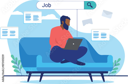 Ethnic man job search - Black person sitting in couch searching for work at home on laptop computer. Flat design vector illustration with white background