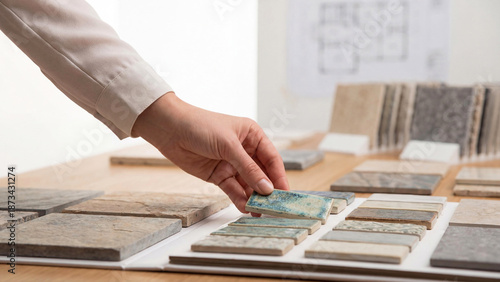 An adult designer hand picks a stone tile swatch from a sample board in a modern studio. Natural tones, material choices for home remodel, bath or kitchen, mood board, 