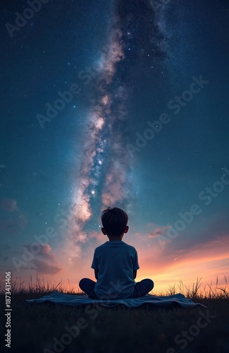 Boy gazes at vast starry sky, milky way above. Child sits on blanket outdoors, looking up in wonder at the cosmos, dreaming of space exploration and the universe.